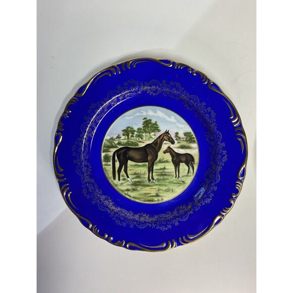Vibrant Porcelain Plate Set of 2 Horse Cabinet Plates Decor Blue Fuschia Gold - Picture 2 of 12